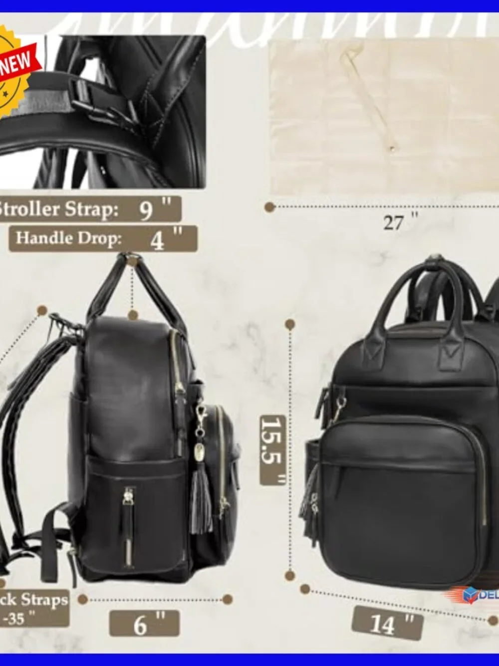 Large Leather Diaper Backpack with 16 Pockets, Changing Pad, Insulated
